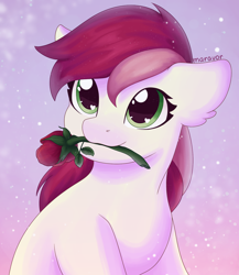 Size: 1300x1500 | Tagged: safe, artist:maravor, derpibooru import, roseluck, earth pony, pony, female, flower, flower in mouth, heart, heart eyes, mare, mouth hold, rose, rose in mouth, solo, wingding eyes