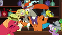 Size: 1280x720 | Tagged: safe, derpibooru import, screencap, big macintosh, discord, spike, draconequus, dragon, earth pony, pony, g4, male, monocle, smiling, zoot suit