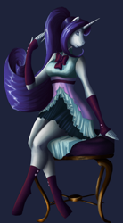 Size: 700x1268 | Tagged: safe, artist:roleishi, derpibooru import, rarity, anthro, human, unicorn, g4, blue background, clothes, elegant, humanized, shoes, simple background, solo