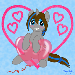 Size: 3000x3000 | Tagged: safe, artist:twiny dust, derpibooru import, oc, oc:dust, oc:dusty, unicorn, awkward smile, balloon, blushing, embarrassed, female, hairband, heart, heart balloon, hearts and hooves day, horn, mare, ponytail, rule 63, smiling, solo, unicorn oc