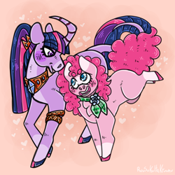 Size: 2000x2000 | Tagged: safe, artist:ruusukultakruunu, derpibooru import, pinkie pie, twilight sparkle, twilight sparkle (alicorn), alicorn, earth pony, pony, g4, curved horn, female, horn, lesbian, shipping, twinkie