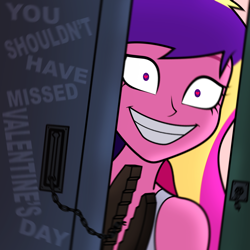 Size: 2000x2000 | Tagged: safe, artist:grey, derpibooru import, dean cadance, princess cadance, equestria girls, g4, bolt cutters, clothes, door, fimfiction, heart, heart eyes, holiday, imminent rape, imminent sex, lock, looking at you, messy hair, principal cadance, shirt, sleeveless, sleeveless shirt, sleeveless tank top, smiling, smiling at you, solo, swirly eyes, tanktop, valentine's day, wide smile, wingding eyes