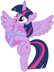 Size: 524x705 | Tagged: safe, artist:noi kincade, derpibooru import, twilight sparkle, twilight sparkle (alicorn), alicorn, pony, g4, box of chocolates, cute, female, happy, hearts and hooves day, holiday, mare, open mouth, open smile, simple background, smiling, solo, spread wings, transparent background, twiabetes, valentine's day, wings