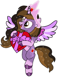 Size: 576x760 | Tagged: safe, artist:noi kincade, derpibooru import, oc, oc only, oc:princess kincade, g4, box of chocolates, female, flying, holiday, mare, simple background, solo, spread wings, transparent background, valentine's day, wings