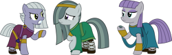 Size: 4637x1501 | Tagged: safe, artist:sketchmcreations, derpibooru import, boulder (pet), limestone pie, marble pie, maud pie, earth pony, gorgon, pony, american dragon jake long, angry, bracelet, clothes, dress, female, headband, hoof hold, jewelry, mare, pie sisters, pointing, raised hoof, raised leg, sandals, siblings, simple background, sisters, transparent background, vector, voice actor joke