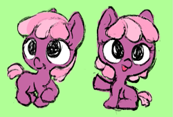 Size: 509x344 | Tagged: safe, artist:sewnshutik, derpibooru import, cheerilee, earth pony, pony, blank flank, female, filly, filly cheerilee, foal, green background, happy, simple background, solo