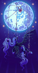 Size: 2731x5233 | Tagged: safe, artist:bratzoid, derpibooru import, nightmare moon, princess luna, alicorn, pony, g4, blood, blue mane, bondage, chains, digital art, ethereal mane, ethereal tail, eyes closed, eyeshadow, feather, female, flowing mane, flowing tail, full moon, gag, glowing, helmet, high res, hoof shoes, hook, horn, horn ring, imprisoned, makeup, mare, mare in the moon, moon, moonlight, muzzle gag, night, redraw, ring, shackles, solo, spread wings, stars, suspended, suspension bondage, tail, wings