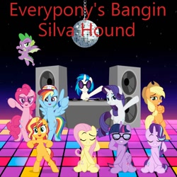 Size: 900x900 | Tagged: safe, artist:aaliyah_rosado, artist:jhayarr23, artist:silva hound, artist:sirhcx, artist:user15432, derpibooru import, applejack, dj pon-3, fluttershy, pinkie pie, rainbow dash, rarity, spike, starlight glimmer, sunset shimmer, twilight sparkle, twilight sparkle (alicorn), vinyl scratch, alicorn, dragon, earth pony, pegasus, pony, unicorn, album, album cover, clothes, crossed hooves, dance floor, dancing, disco ball, dj mixer, everpony's bangin', everypony's bangin', eyes closed, glasses, horn, looking at you, open clothes, open mouth, radio, record player, silva hound, smiling, winged spike, wings