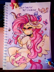 Size: 3024x4032 | Tagged: safe, artist:yumkandie, derpibooru import, angel bunny, fluttershy, rainbow dash, bee, bird, butterfly, insect, pegasus, pony, rabbit, snake, spider, g4, animal, blushing, cheek fluff, ears, eyebrows, eyes closed, female, figurine, floating heart, floppy ears, flutterdash, heart, hug, lesbian, pencil drawing, pubic fluff, shipping, smiling, traditional art, wings