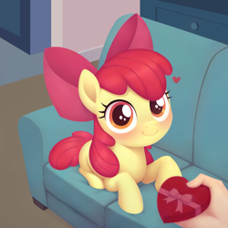 Size: 2560x2560 | Tagged: safe, ai content, derpibooru import, machine learning assisted, apple bloom, earth pony, pony, g4, adorabloom, blushing, box of chocolates, cute, drawer, female, filly, foal, hand, heart, heart shaped box, holiday, indoors, living room, looking at you, lying down, offscreen character, ponyloaf, pov, prone, smiling, smiling at you, sofa, solo, valentine's day