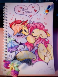 Size: 3024x4032 | Tagged: safe, artist:yumkandie, derpibooru import, fluttershy, rainbow dash, pegasus, pony, g4, blushing, cloud, cuddling, ear piercing, earring, eyebrows, eyebrows visible through hair, eyes closed, female, figurine, floating heart, flutterdash, heart, hug, jewelry, kiss on the lips, kissing, lesbian, love, nose piercing, on a cloud, pencil drawing, piercing, scar, shipping, snuggling, traditional art, wings
