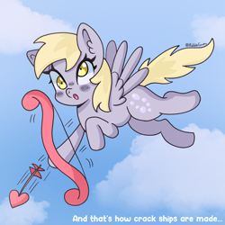 Size: 2500x2500 | Tagged: safe, artist:bubblegooey, derpibooru import, derpy hooves, pegasus, pony, g4, arrow, blush sticker, blushing, bow, cloud, cloudy, clumsy, cupid, cute, derp, derpabetes, ear fluff, ears, female, flying, heart, holiday, mare, open mouth, raised hoof, raised leg, signature, sky, solo, spread wings, surprised, text, valentine's day, wings