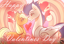 Size: 1600x1100 | Tagged: safe, artist:tresmariasarts, derpibooru import, applejack, soarin', g4, applejack's hat, clothes, commission, cowboy hat, female, green eyes, hat, heart, hearts and hooves day, holiday, looking at each other, looking at someone, male, ship:soarinjack, shipping, smiling, smiling at each other, straight, valentine's day