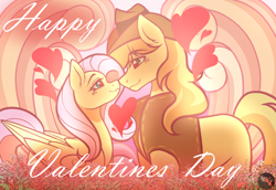 Size: 1600x1100 | Tagged: safe, artist:tresmariasarts, derpibooru import, braeburn, fluttershy, g4, braeburn's hat, clothes, commission, cute, female, green eyes, hat, heart, hearts and hooves day, holiday, looking at each other, looking at someone, male, ship:braeshy, shipping, smiling, smiling at each other, straight, valentine's day, vest