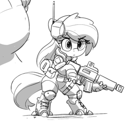 Size: 1009x976 | Tagged: safe, artist:pabbley, derpibooru import, oc, oc only, oc:recce, cyborg, earth pony, pony, semi-anthro, artificial hands, big mare, bipedal, black and white, clothes, eyebrows, eyebrows visible through hair, female, garter, grayscale, gun, headphones, headset, knee pads, knife, looking at you, mare, microphone, monochrome, raised hoof, raised leg, rifle, shoes, simple background, size difference, socks, soldier, solo, tactical vest, thighs, weapon, white background