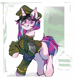 Size: 2614x2750 | Tagged: safe, artist:madiwann, derpibooru import, oc, oc only, unicorn, captain, equal cutie mark, female, mare, metal slug, not starlight glimmer, solo, stamp, text, war