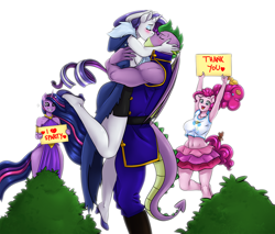 Size: 1500x1278 | Tagged: safe, artist:pia-sama, derpibooru import, pinkie pie, princess twilight 2.0, rarity, spike, twilight sparkle, twilight sparkle (alicorn), alicorn, anthro, dragon, earth pony, plantigrade anthro, unicorn, g4, the last problem, adult, adult spike, boots, breasts, clothes, equestria girls outfit, eyes closed, female, high heel boots, jumping, kissing, male, mare, older, older rarity, older spike, older twilight, older twilight sparkle (alicorn), shipper on deck, shipping, shoes, sign, smiling, sparity, straight, uniform