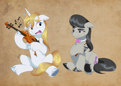 Size: 4961x3508 | Tagged: safe, artist:haruh_ink, derpibooru import, octavia melody, prince blueblood, earth pony, pony, unicorn, g4, bow (instrument), conductor's baton, ears, female, floppy ears, hoof heart, male, mare, music notes, musical instrument, neck bow, stallion, underhoof, unshorn fetlocks, violin, violin bow