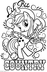 Size: 1974x2988 | Tagged: safe, derpibooru import, earth pony, pony, g4, black and white, coloring page, country applejack, crayola, female, grayscale, heart, lasso, lineart, mare, monochrome, official, rope, scan, solo, stock vector, text