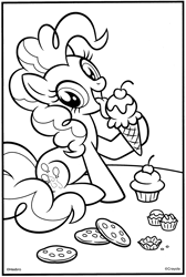 Size: 2100x3119 | Tagged: safe, derpibooru import, pinkie pie, earth pony, pony, g4, black and white, candy, cherry, chocolates, coloring book, coloring page, cookie, crayola, cupcake, eating, female, food, grayscale, hasbro, ice cream, ice cream cone, licking, mare, merchandise, monochrome, official, sitting, solo, stock vector, tongue, tongue out, waffle cone