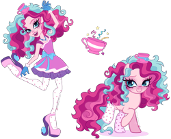 Size: 3955x3205 | Tagged: safe, artist:gihhbloonde, derpibooru import, pinkie pie, earth pony, human, pony, equestria girls, g4, bipedal, bowtie, closed mouth, clothes, crossover, crossover fusion, cyan eyes, dress, ever after high, female, gloves, high heels, jewelry, lightly watermarked, looking at you, madeline hatter, mare, necklace, open mouth, open smile, raised hoof, raised leg, self paradox, self ponidox, shoes, simple background, smiling, socks, stockings, thigh highs, transparent background, watermark