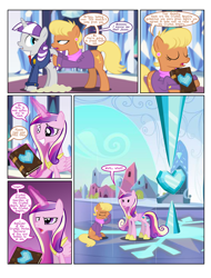 Size: 1600x2100 | Tagged: safe, artist:flash equestria photography, derpibooru import, ms. harshwhinny, princess cadance, twilight velvet, alicorn, earth pony, pony, unicorn, comic:yeaa, g4, book, boring, comic, crystal empire, crystal heart, dialogue, dot eyes, facehoof, female, mare, pushing, rump push, sitting, speech bubble, wat