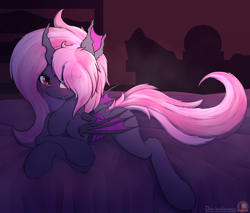 Size: 2180x1860 | Tagged: safe, artist:darbedarmoc, derpibooru import, changeling, pony, bat wings, blushing, fangs, horny, looking at you, lying down, pink changeling, solo, wings