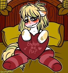 Size: 1743x1863 | Tagged: safe, artist:sexygoatgod, derpibooru import, oc, oc only, earth pony, pony, bed, bedroom eyes, clothes, female, heart, holiday, looking at you, pillow, socks, solo, stockings, striped socks, thigh highs, valentine's day