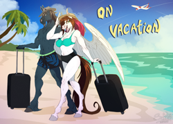 Size: 1600x1143 | Tagged: safe, artist:sunny way, derpibooru import, oc, oc:steven saidon, oc:sunny way, anthro, horse, pegasus, anthro horse, art, artwork, beach, case, clothes, digital art, duo, female, happy, hat, male, mare, ocean, plane, smiling, stallion, suitcase, swimsuit, vacation, warm, water