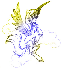 Size: 700x779 | Tagged: safe, artist:kilo, derpibooru import, oc, oc only, oc:bubblebell, pegasus, pony, flying, simple background, sketch, solo, unshorn fetlocks, white background