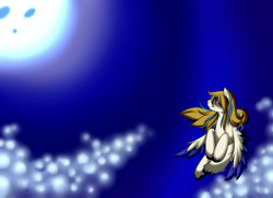 Size: 900x650 | Tagged: safe, artist:akurei269, derpibooru import, oc, oc only, oc:bubblebell, pegasus, pony, colored wings, flying, full moon, moon, night, sky, solo, two toned wings, unshorn fetlocks, wings
