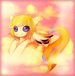 Size: 648x650 | Tagged: safe, artist:churro-dragon, derpibooru import, oc, oc only, oc:bubblebell, pegasus, pony, cloud, colored wings, on a cloud, solo, two toned wings, wings