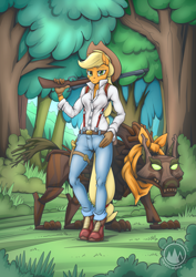 Size: 2171x3070 | Tagged: safe, artist:mysticalpha, derpibooru import, applejack, anthro, timber wolf, unguligrade anthro, g4, clothes, forest, gun, nature, pants, rifle, solo, suspenders, tree, weapon