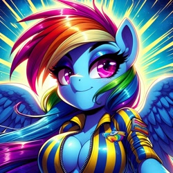 Size: 1024x1024 | Tagged: safe, ai content, derpibooru import, generator:dall-e 3, machine learning generated, rainbow dash, anthro, g4, absolute cleavage, breasts, cleavage, clothes, jacket, looking at you, prompter:glimmy-glam, rainboob dash, rolled up sleeves, simple background, smug, solo, unzipped, wonderbolts, zipper