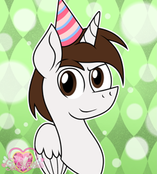 Size: 1937x2142 | Tagged: safe, artist:guruyunus17, derpibooru import, oc, oc:neo star, alicorn, pony, happy birthday, hat, looking at you, male, party hat, smiling, smiling at you, solo, stallion, watermark