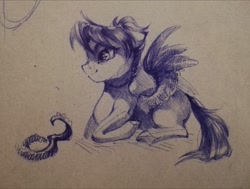 Size: 2156x1634 | Tagged: safe, artist:charlot, derpibooru import, oc, oc only, pegasus, pony, female, lying down, mare, ponytail, prone, sketch, solo, spread wings, traditional art, wings