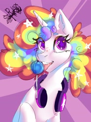 Size: 2680x3607 | Tagged: safe, artist:charlot, derpibooru import, oc, oc only, pony, unicorn, abstract background, candy, female, food, freckles, headphones, licking, lollipop, mare, solo, starry eyes, tongue, tongue out, wingding eyes