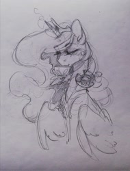 Size: 1556x2048 | Tagged: safe, artist:charlot, derpibooru import, princess celestia, alicorn, pony, g4, cup, donut, drink, drinking, female, food, jewelry, mare, monochrome, peytral, regalia, sketch, solo, tea, teacup, traditional art