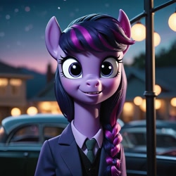 Size: 1024x1024 | Tagged: safe, ai content, derpibooru import, machine learning generated, twilight sparkle, human, pony, g4, clothes, humanized, prompter:gencraft, rod serling, the twilight zone