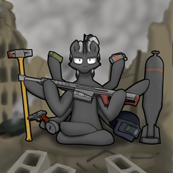 Size: 1890x1890 | Tagged: safe, artist:chgnk3r, derpibooru import, oc, oc only, pony, unicorn, fallout equestria, armor, grayscale, green eyes, gun, hammer, helmet, hooves, male, monochrome, multiple legs, sitting, solo, weapon