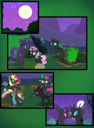 Size: 1772x2396 | Tagged: safe, artist:arkogon, derpibooru import, apple bloom, applejack, ocellus, phyllis, rainbow dash, rarity, scootaloo, spike, sweetie belle, thorax, twilight sparkle, changeling, a canterlot wedding, g4, alternate ending, apple sisters, belle sisters, campfire, camping, changeling dragon, changelingified, comic, cute, cutealoo, female, gritted teeth, implied scootaspike, looking at each other, looking at someone, male, moon, night, potted plant, shipping, siblings, sisters, smiling, smiling at each other, species swap, spikabetes, starry night, story included, straight, teeth, tent, training, twirax