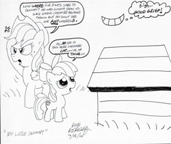 Size: 894x753 | Tagged: safe, artist:newportmuse, derpibooru import, apple bloom, applejack, earth pony, pony, g4, apple sisters, doghouse, female, filly, foal, mare, siblings, sisters, snoopy, speech bubble, text, traditional art