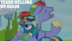 Size: 1920x1080 | Tagged: safe, derpibooru import, edit, edited screencap, editor:quoterific, screencap, bow hothoof, rainbow dash, pegasus, pony, g4, parental glideance, clothes, crying, eyes closed, female, male, mare, stallion, uniform, wonderbolts uniform