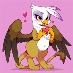 Size: 4096x4096 | Tagged: safe, ai content, derpibooru import, generator:pony diffusion v6 xl, generator:purplesmart.ai, generator:stable diffusion, machine learning generated, gilda, griffon, semi-anthro, series:ask white belly gilda, g4, belly, belly button, bipedal, blushing, cute, female, gildadorable, heart, hearts and hooves day, pale belly, pink background, plump, prompter:rupert, simple background, smiling, solo, white belly, wings
