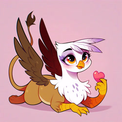 Size: 4096x4096 | Tagged: safe, ai content, derpibooru import, generator:pony diffusion v6 xl, generator:purplesmart.ai, generator:stable diffusion, machine learning generated, gilda, griffon, series:ask white belly gilda, g4, belly, belly button, blushing, cute, female, gildadorable, heart, hearts and hooves day, lying down, pale belly, pink background, plump, prompter:rupert, prone, simple background, smiling, solo, white belly, wings