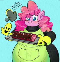Size: 1537x1579 | Tagged: safe, artist:flutterbree, derpibooru import, pinkie pie, anthro, earth pony, g4, adorafatty, apron, baker, bbw, candy, chonk, clothes, cute, diapinkes, fat, female, food, oven mitts, pudgy pie, smiley face, smiling, solo, sweets, tongue, tongue out
