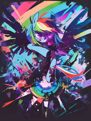 Size: 828x1099 | Tagged: safe, ai content, derpibooru import, machine learning generated, rainbow dash, pegasus, pony, g4, abstract background, angry, prompter:ashura54290, solo