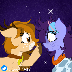 Size: 3000x3000 | Tagged: safe, artist:juniverse, derpibooru import, oc, oc only, oc:juniverse, deer, deer pony, earth pony, hybrid, original species, pony, boop, colored, commission, commission example, deer oc, duo, happy, headshot commission, night, non-pony oc, stars, surprised