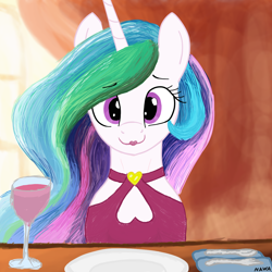 Size: 2000x2000 | Tagged: safe, artist:notawriteranon, derpibooru import, princess celestia, alicorn, pony, g4, clothes, dinner, dress, glass, lipstick, looking at you, wine glass