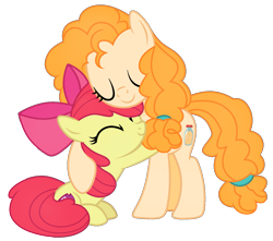 Size: 1617x1428 | Tagged: safe, artist:catcatcat9, artist:scarletwitchinfire, derpibooru import, apple bloom, pear butter, earth pony, pony, g4, base used, eyes closed, female, filly, foal, hug, mare, mother and child, mother and daughter, parent and child, simple background, sitting, transparent background